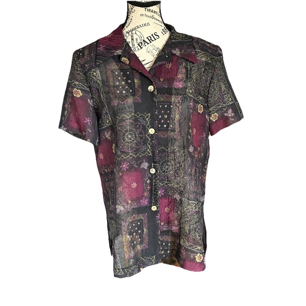 K Studio Top Size 8 Purple Floral Artsy Geometric Tapestry Blouse Vtg 90s
